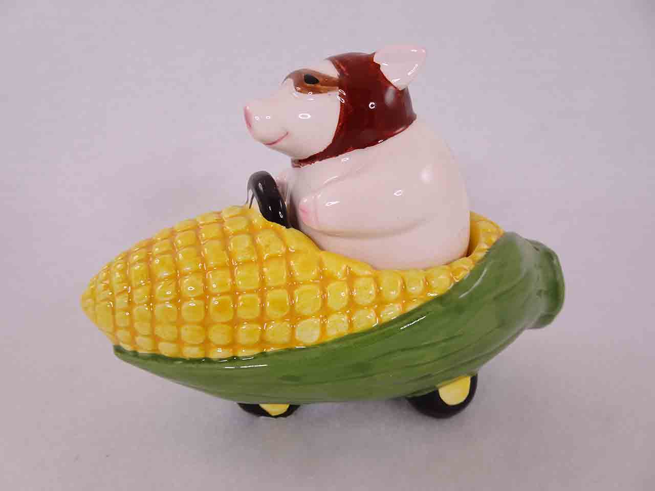 50048 Clay Art salt and pepper shakers series of animals in funny race cars - pig in corn