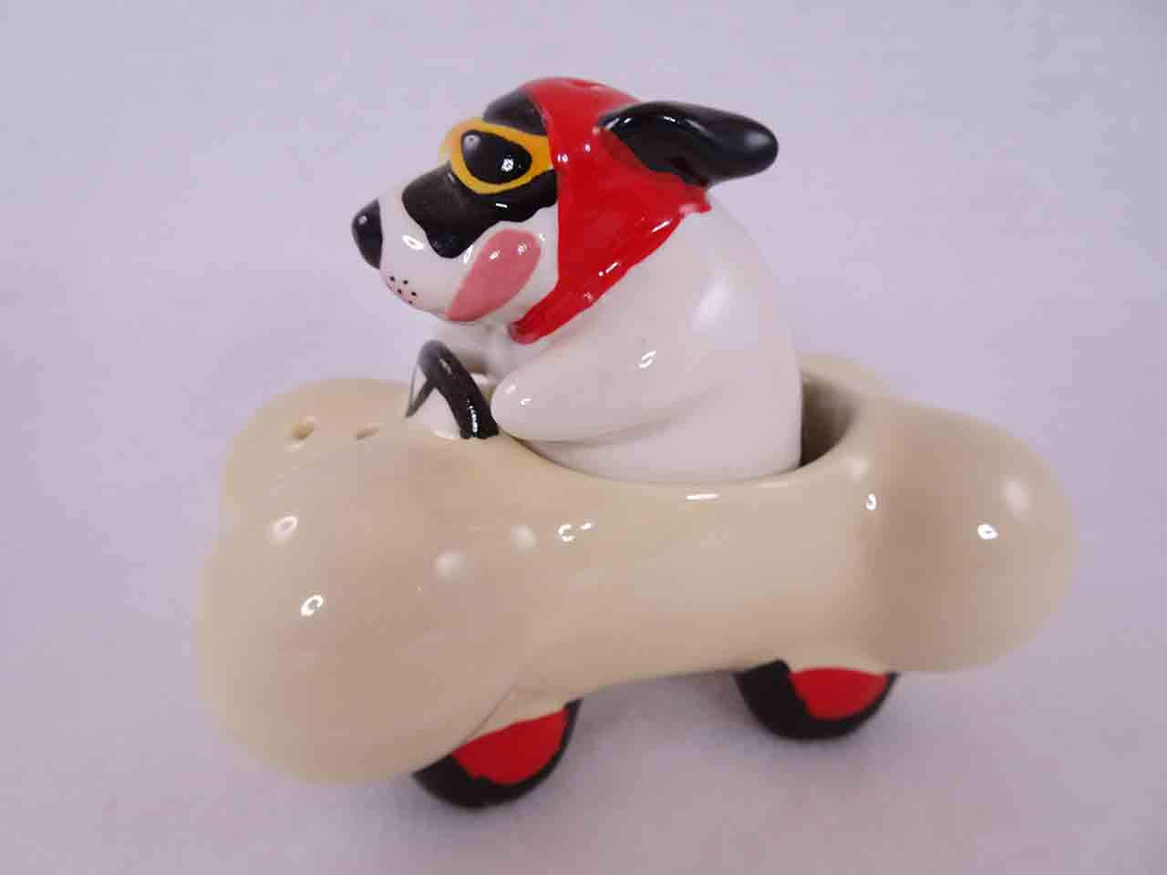 50049 Clay Art salt and pepper shakers series of animals in funny race cars - dog in bone