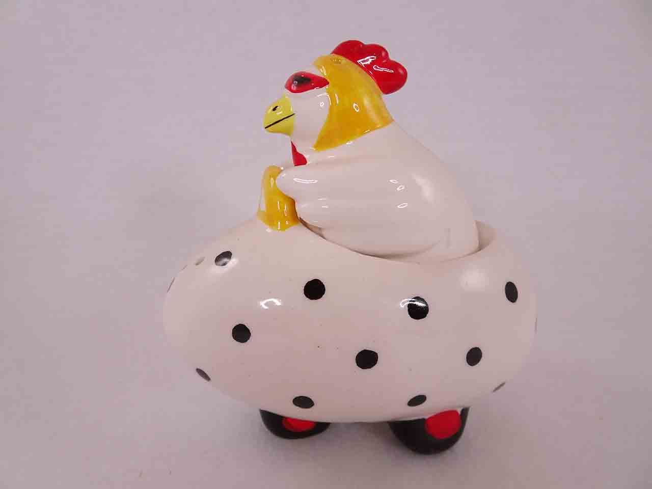 50051 Clay Art salt and pepper shakers series of animals in funny race cars - chicken in egg