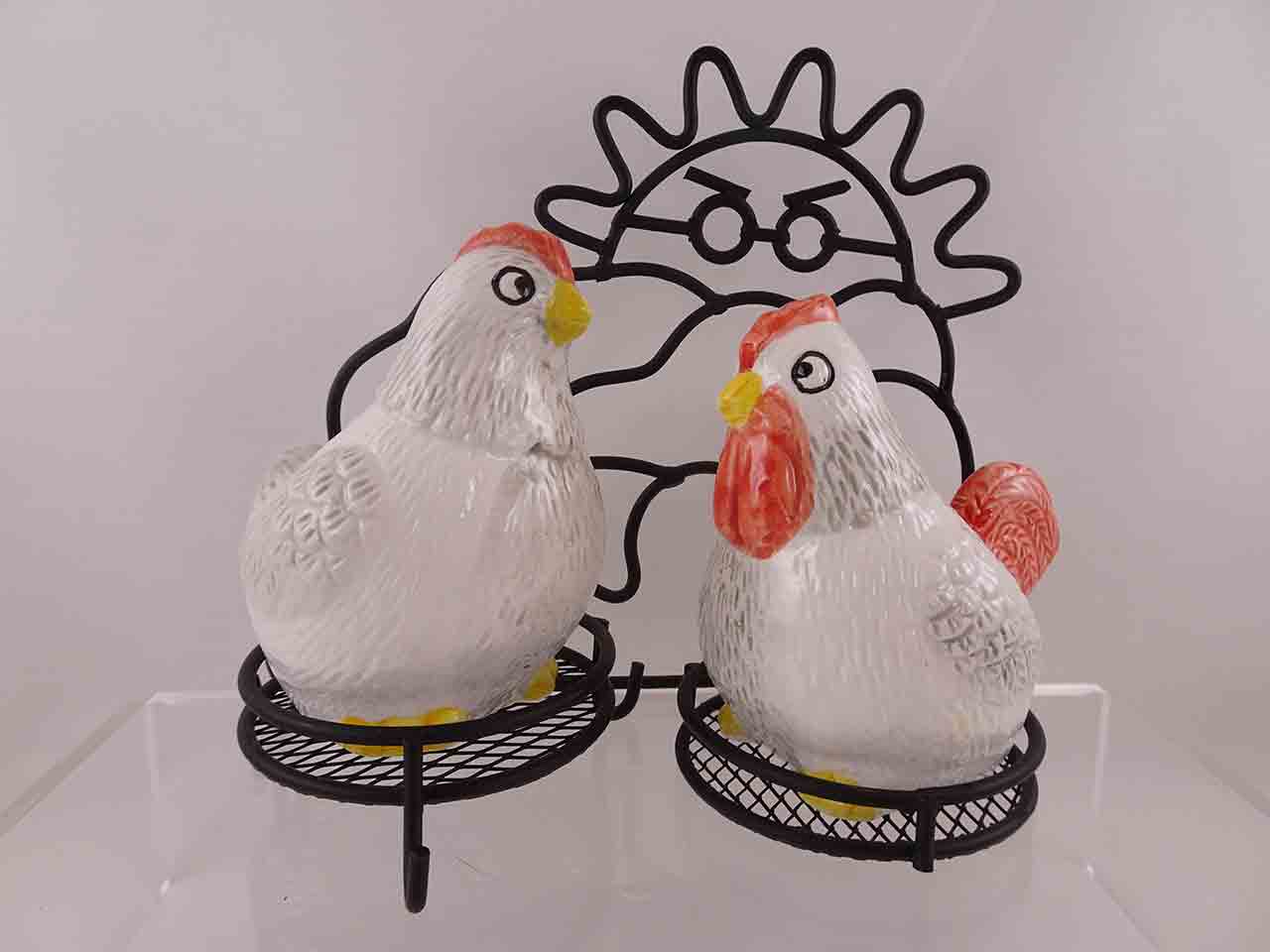 54265 Chickens on metal stand depicting a sunrise salt and pepper shakers