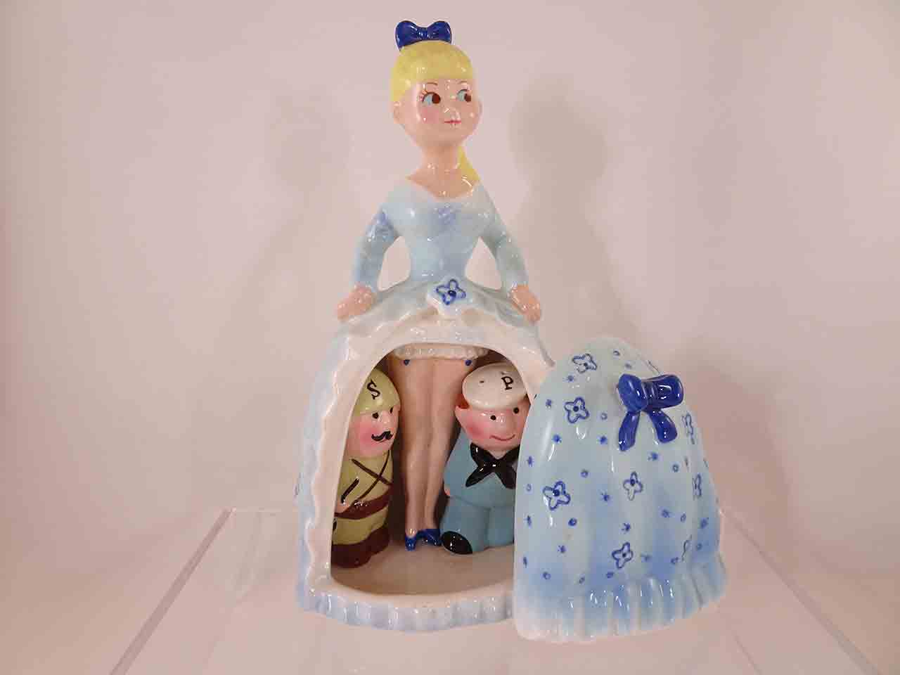 62471 Army and Navy guys hiding beneath lady's dress salt and pepper shakers - blue version