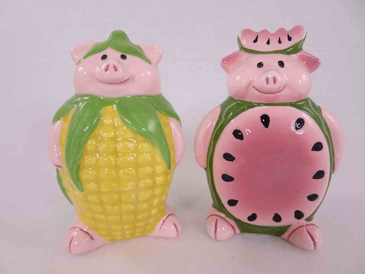 50038 Clay Art Animals in Costumes salt and pepper shakers - pigs dressed up as corn and a watermelon