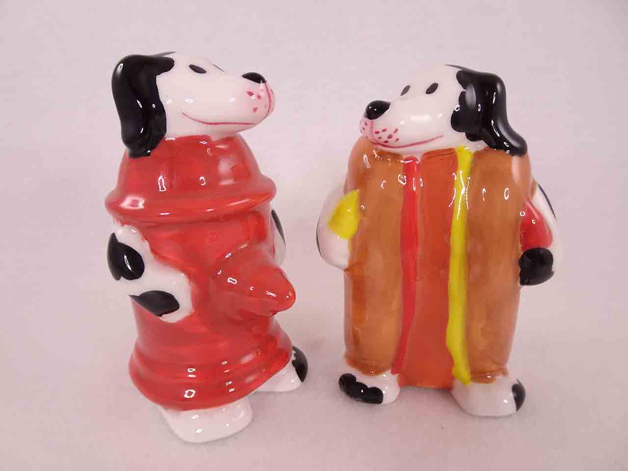50039 Clay Art Animals in Costumes salt and pepper shakers - dogs dressed up as hotdog and fire hydrant