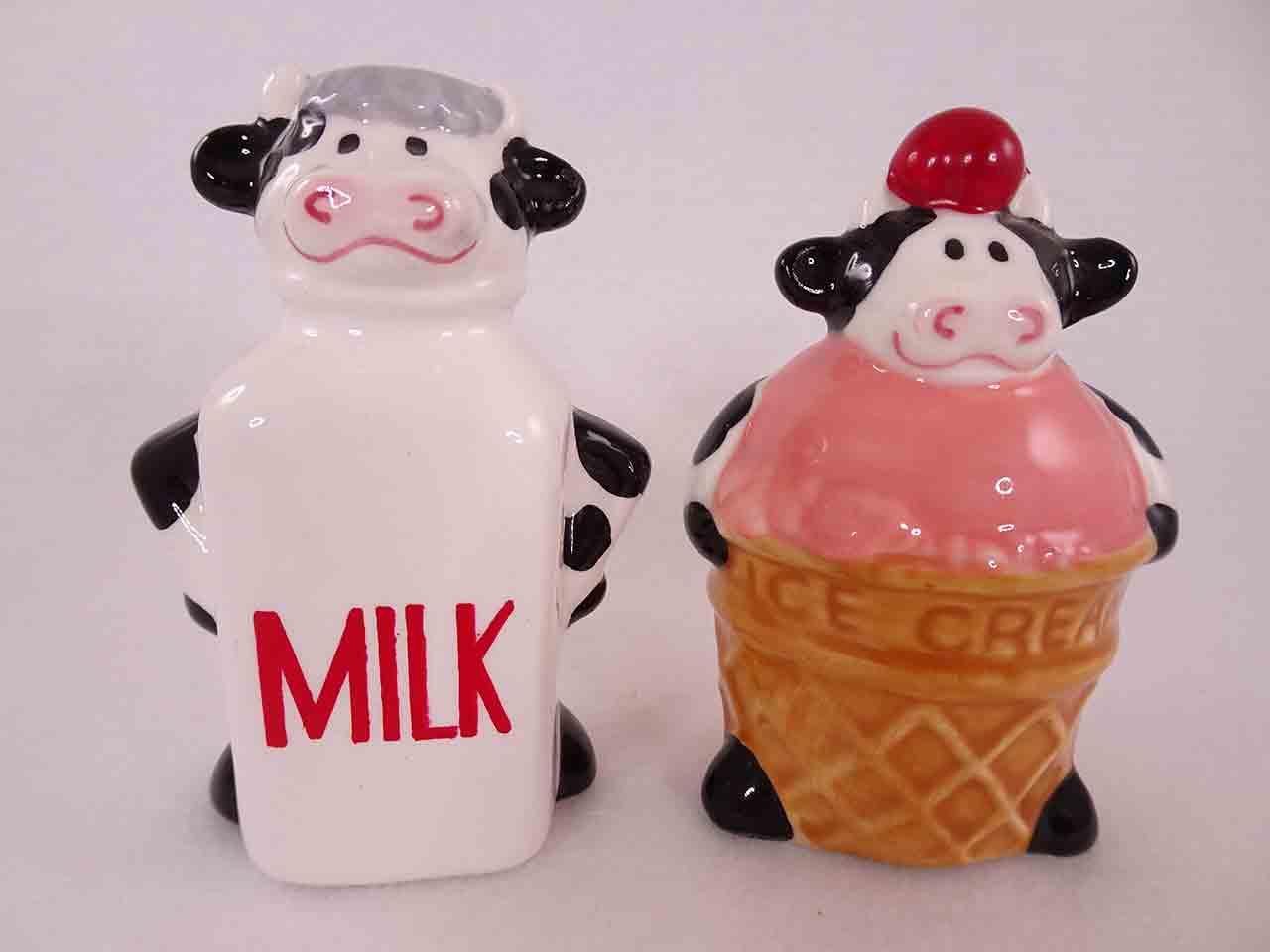 50040 Clay Art Animals in Costumes salt and pepper shakers - cows dressed up as an ice cream cone and milk