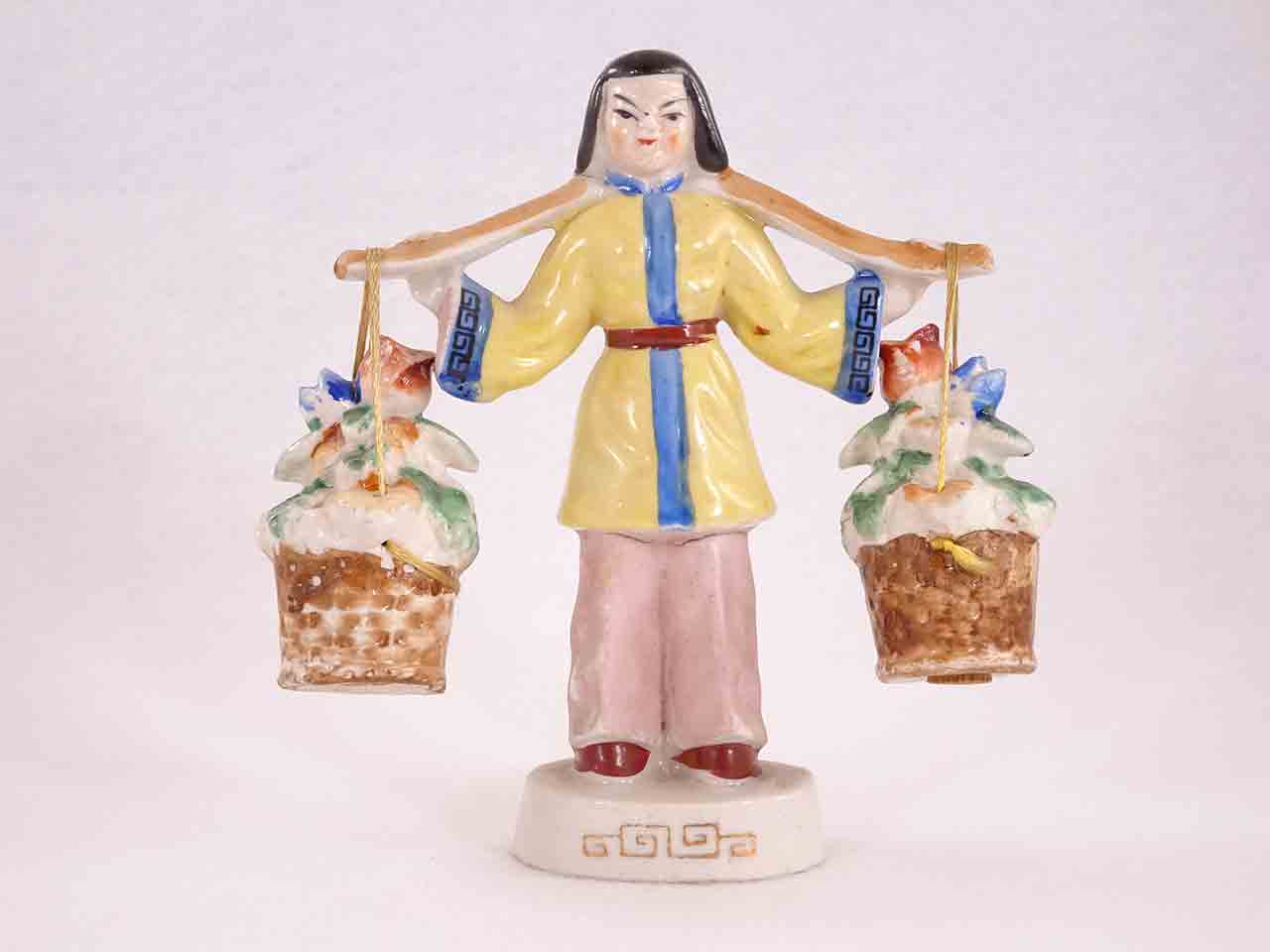 50972 Occupied Japan Japanese Asian girl carrying flowers - hanger salt and pepper shakers