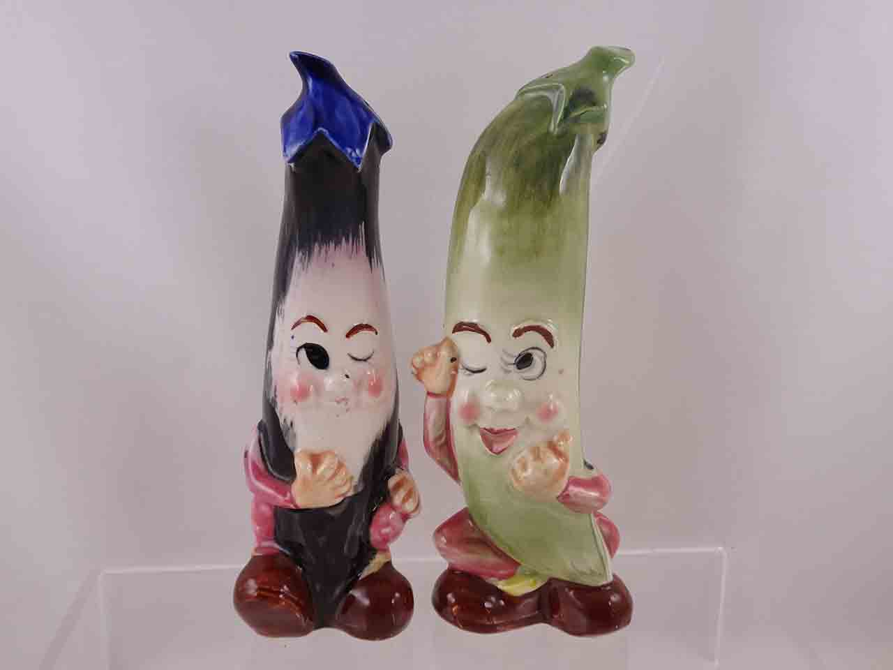 56388 Anthropomorphic tall vegetable salt and pepper shakers - eggplant & pea pod