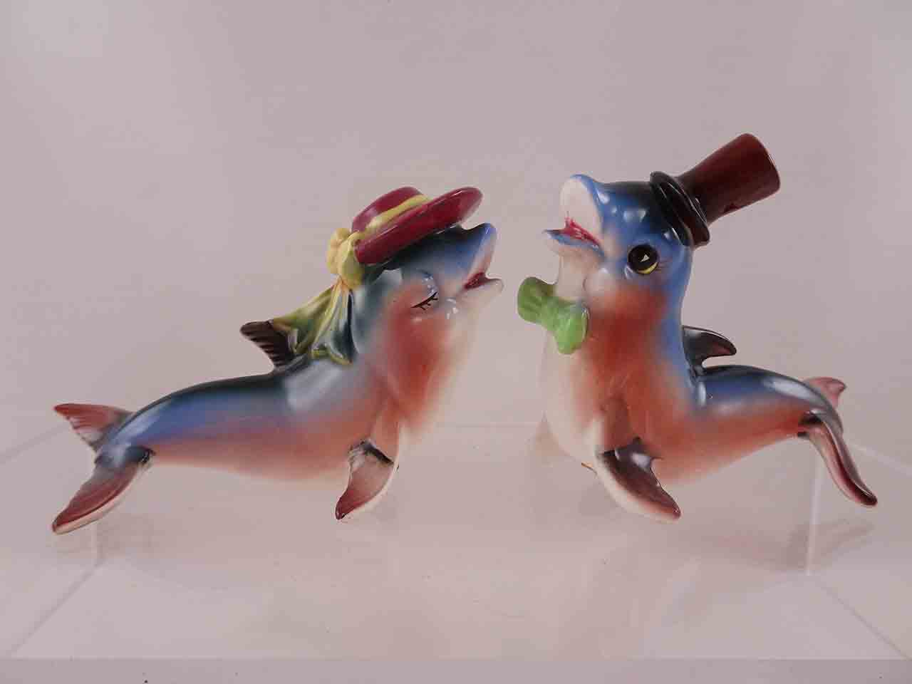57130 Japan slender fish couple wearing hats salt and pepper shakers - dolphins