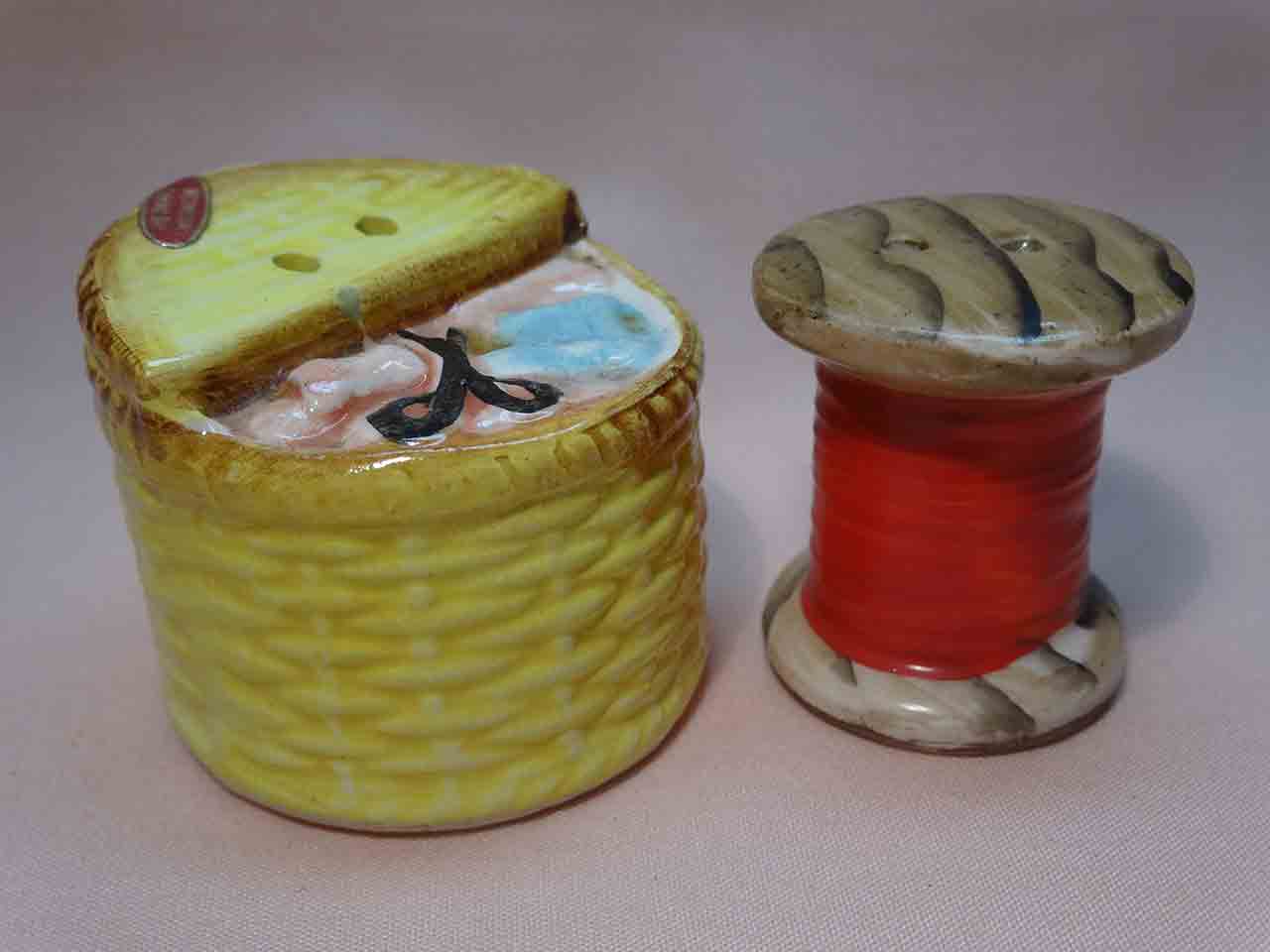 28530 Enesco Seven Days of the Week salt and pepper shakers series - Wednesday sewing day - spool of thread and sewing basket