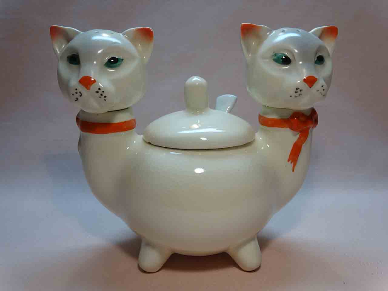 31933 Two-headed cat condiment salt and pepper shakers from Czechoslovakia
