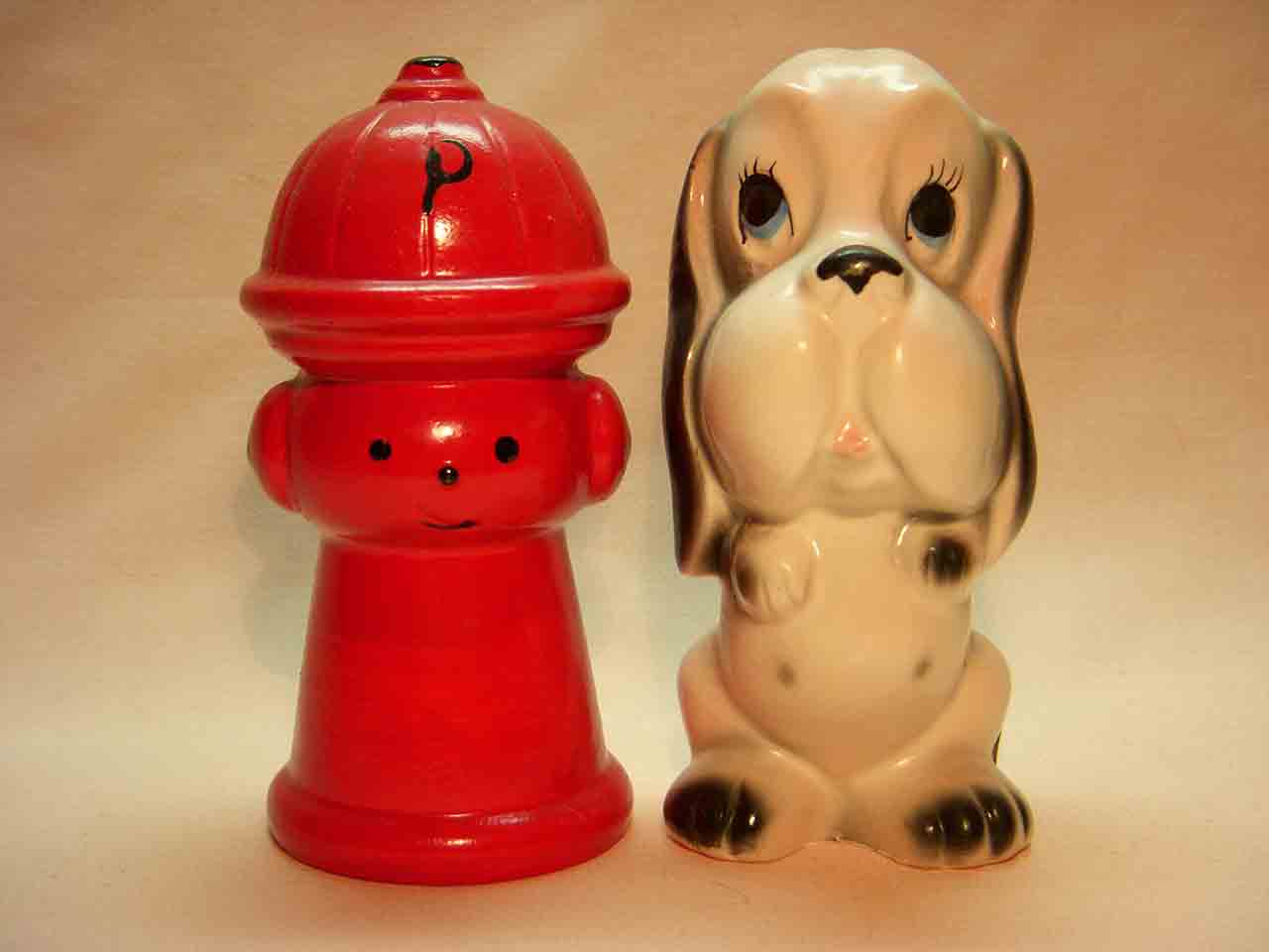 2891 Dog with anthropomorphic fire hydrant salt and pepper shakers - Potty Break series