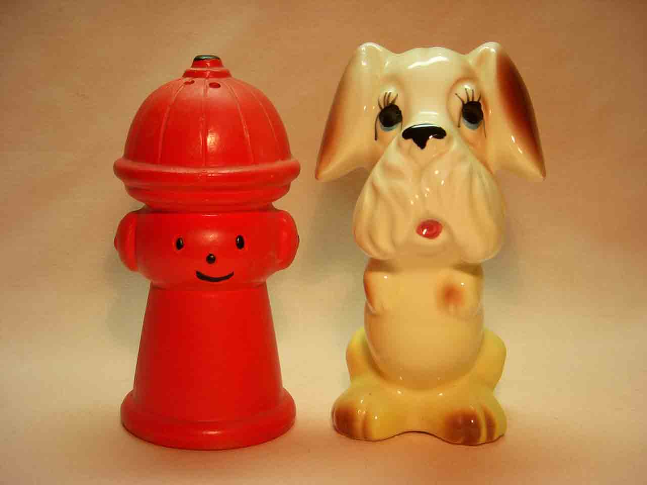 2893 Dog with anthropomorphic fire hydrant salt and pepper shakers - Potty Break series