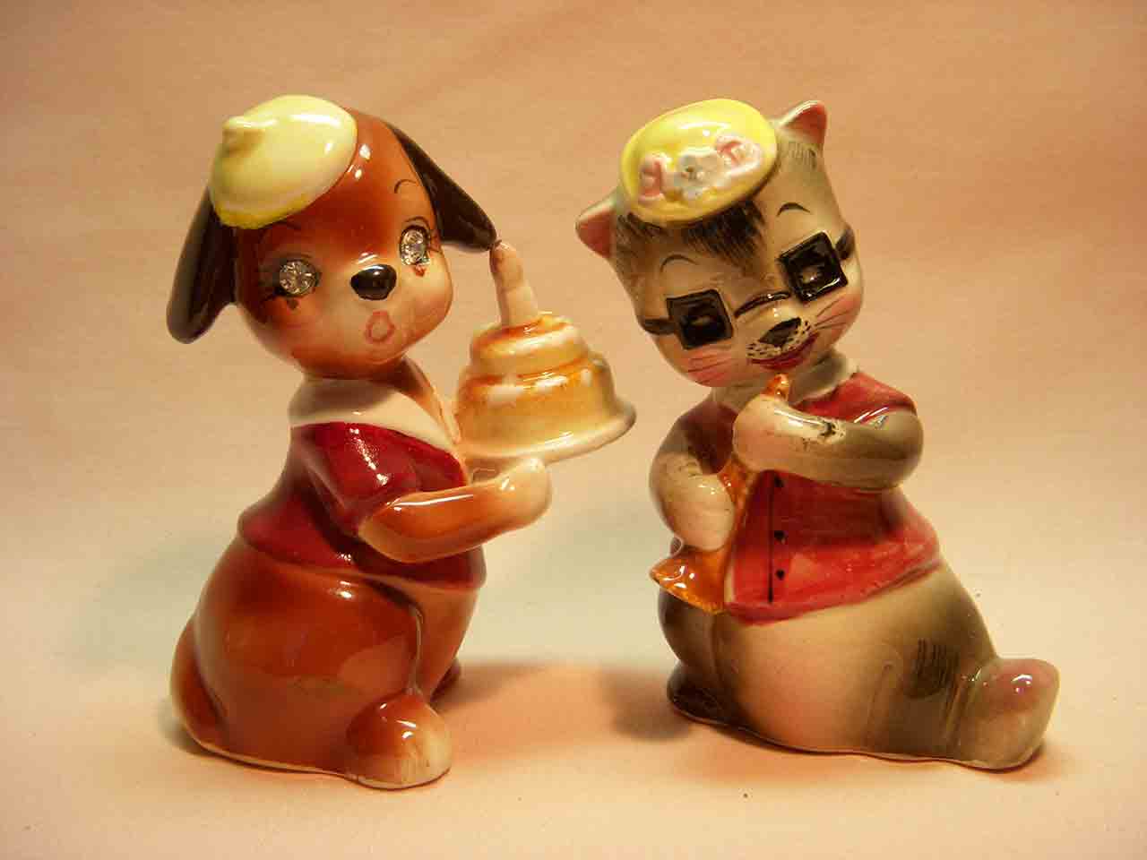 8155 Delicate Rhinestone Eyed Animals Holding Different Items - dog and raccoon with cake and trumpet salt and pepper shakers