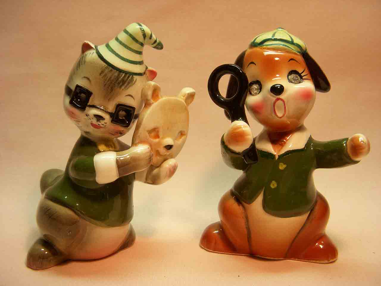 8156 Delicate Rhinestone Eyed Animals Holding Different Items - dog and raccoon with mask and magnifying glass salt and pepper shakers
