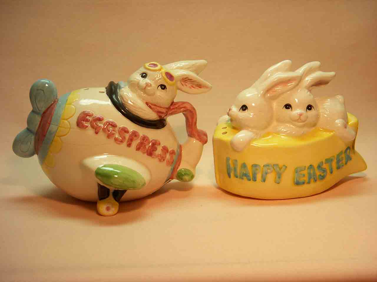 8346 Easter bunny rabbits in holiday vehicles salt and pepper shakers series