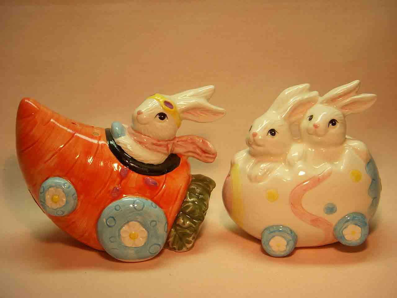 8347 Easter bunny rabbits in holiday vehicles salt and pepper shakers series