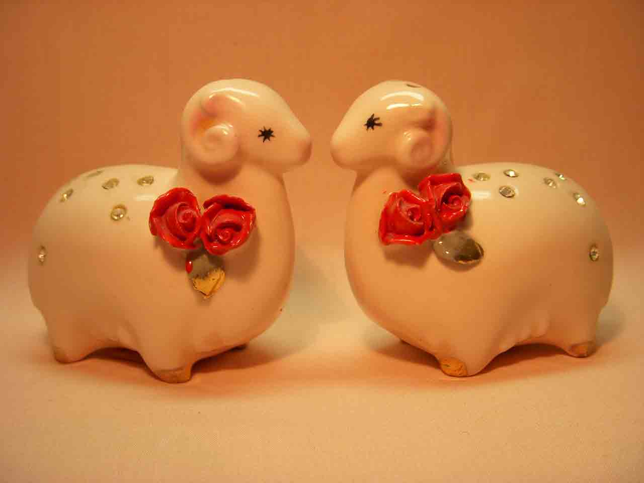 13667 Napco Pink Farm Animals with Rhinestones and Delicate Red Flowers - sheep